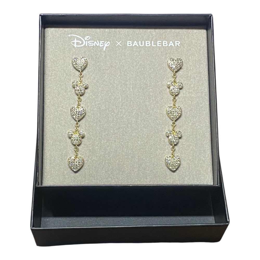 Disney X Baublebar Colab Golden Rhinestone Pave Heart & Micky Dangle Earrings